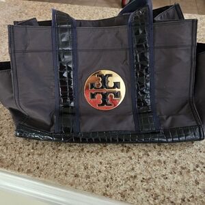 Large Navy Blue Nylon and Leather Ella Tote.